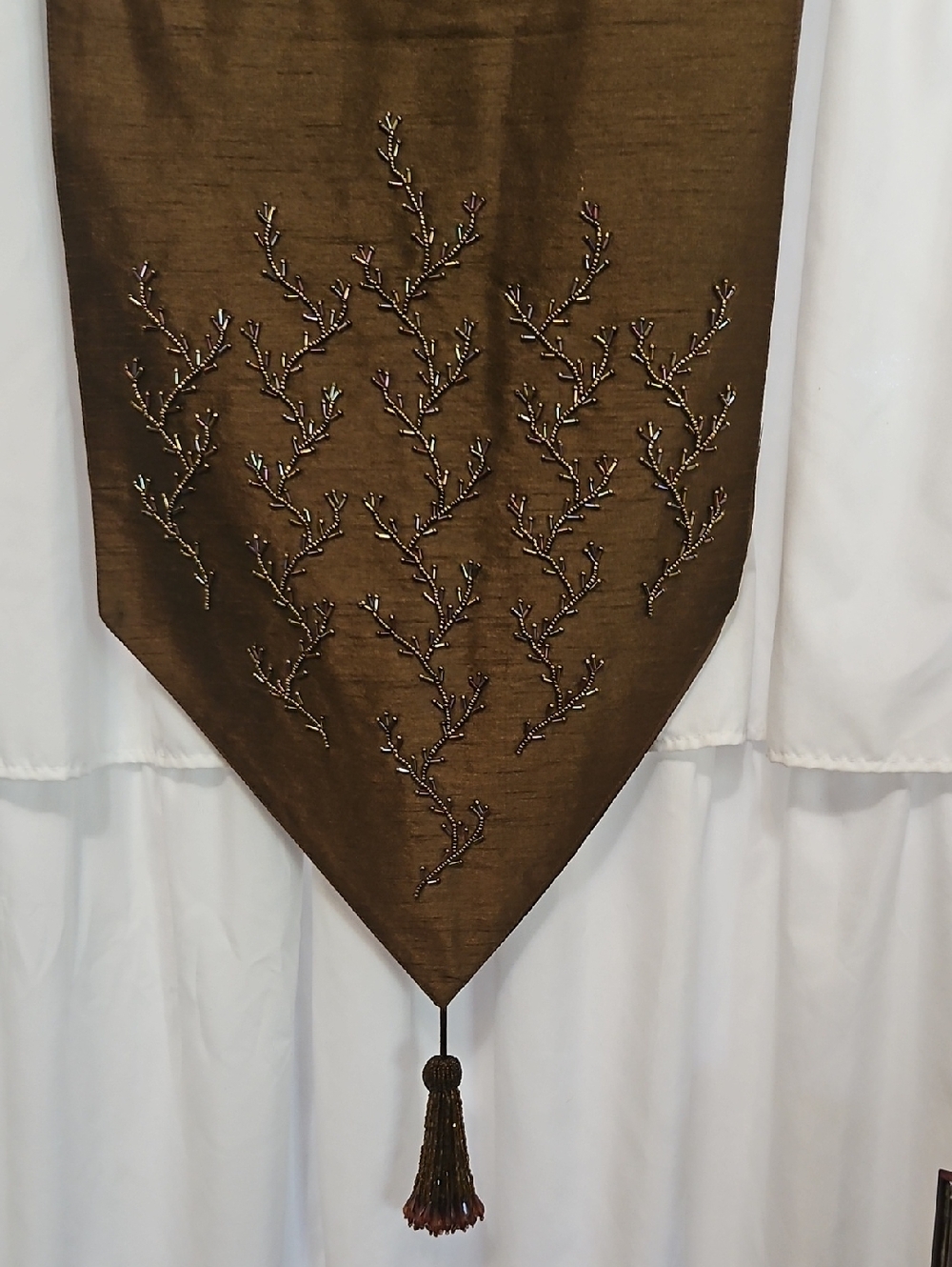 Embroidered Brown Table Runner with Beaded Branch Design - Picture 2 of 6